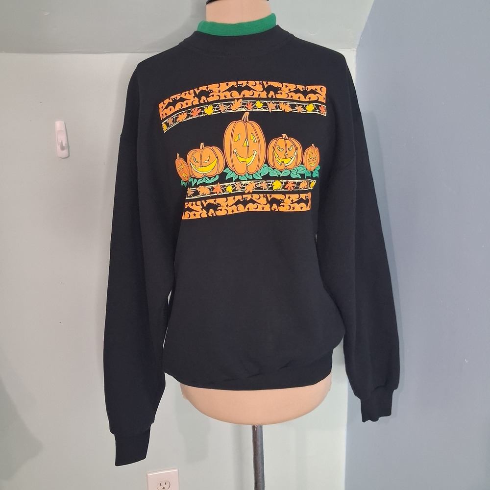 Vintage Morning Sun Halloween Pumpkin Sweatshirt Black Green Mock Neck XL USA